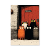 Animals Kids Eclectic Wall Art – Whimsical Cats Before a Red Door