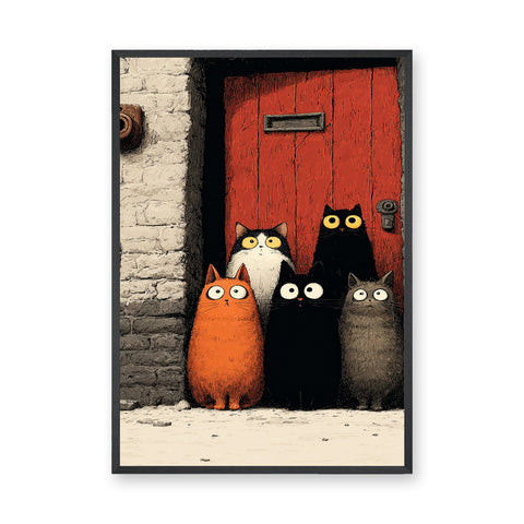 Animals Kids Eclectic Wall Art – Whimsical Cats Before a Red Door