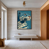 Animals Modern Line-Art Wall Art – Blue Leopard Portrait on Teal