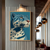 Animals Modern Line-Art Wall Art – Blue Leopard Portrait on Teal