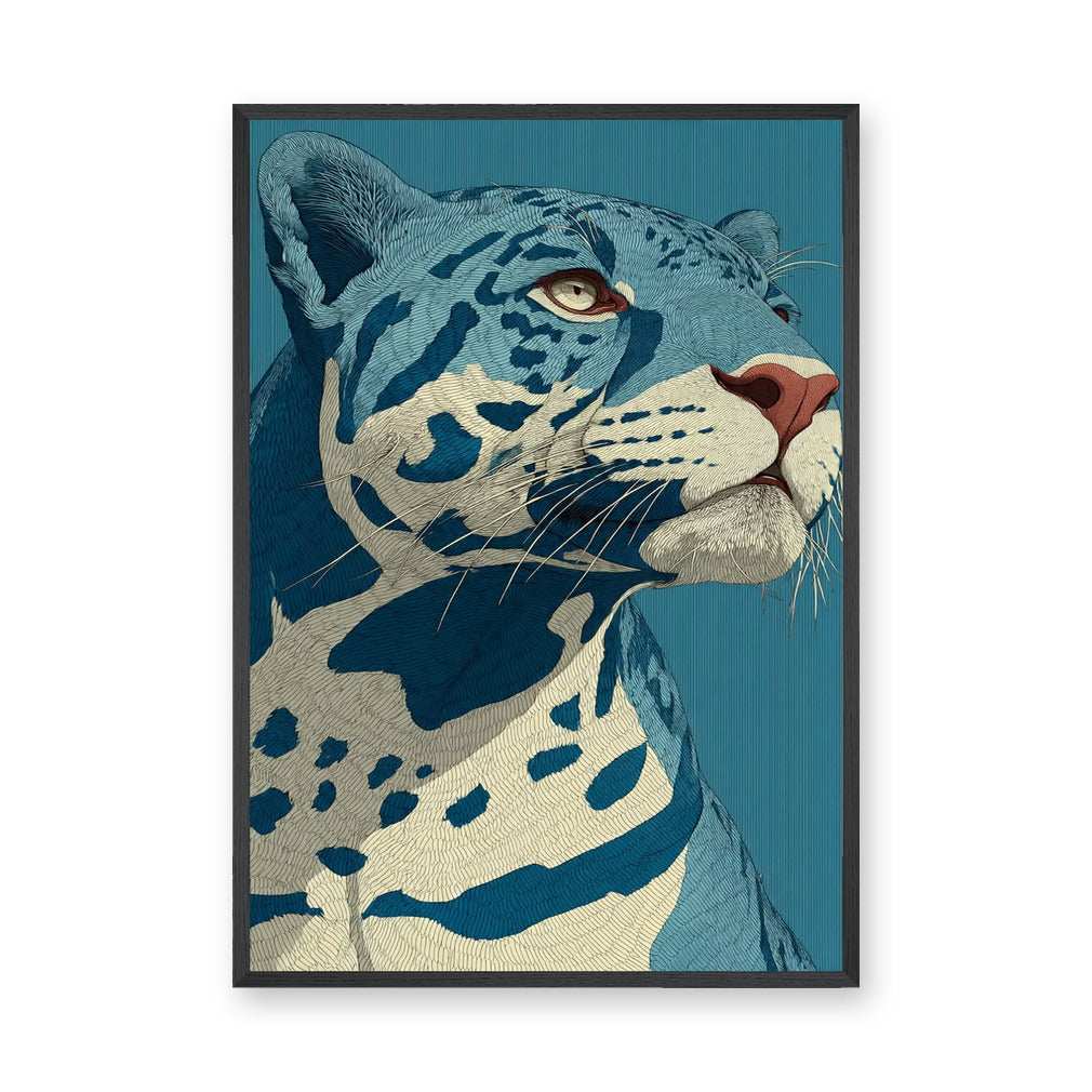 Animals Modern Line-Art Wall Art – Blue Leopard Portrait on Teal
