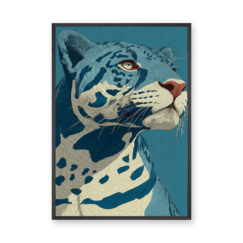 Animals Modern Line-Art Wall Art – Blue Leopard Portrait on Teal