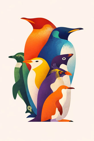 Animals Modern Wall Art – Colorful Geometric Penguin Group Print