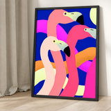 Animals Pop-Art Wall Art – Pink Flamingos on Bold Blue Abstract Background