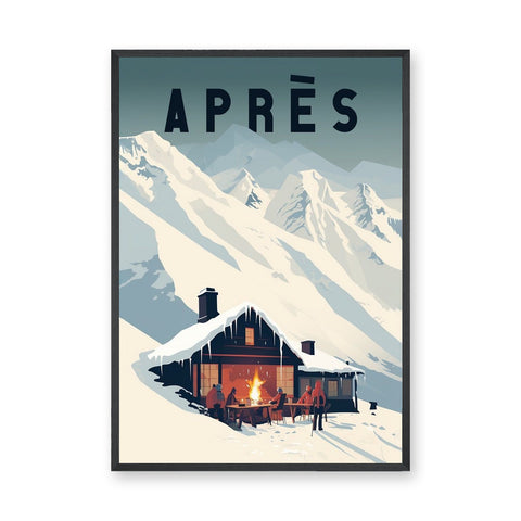 Après Ski Chalet Vintage Wall Art – Snowy Alpine Fire Scene