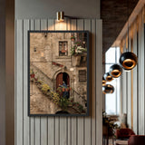 Architecture Vintage Wall Art – Rustic Stone Facade with Flowers