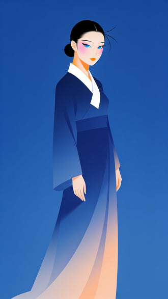 Asian Woman Portrait Modern Wall Art – Blue Robe Fashion Print