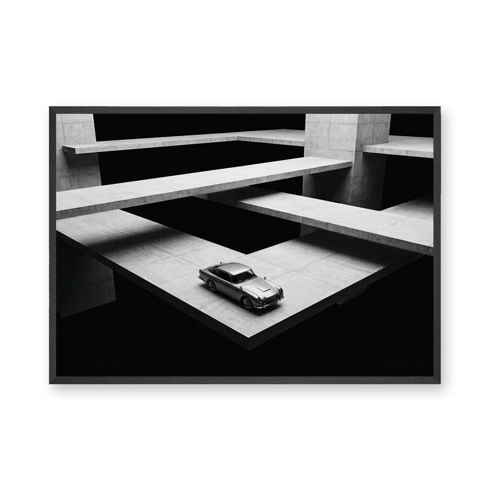 Aston Martin DB5 Surreal Architecture Wall Art – Monochrome Concrete Platforms