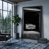 Aston Martin DB5 Vintage Wall Art – Black and White Garage Photo