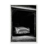 Aston Martin DB5 Vintage Wall Art – Black and White Garage Photo