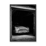 Aston Martin DB5 Vintage Wall Art – Black and White Garage Photo