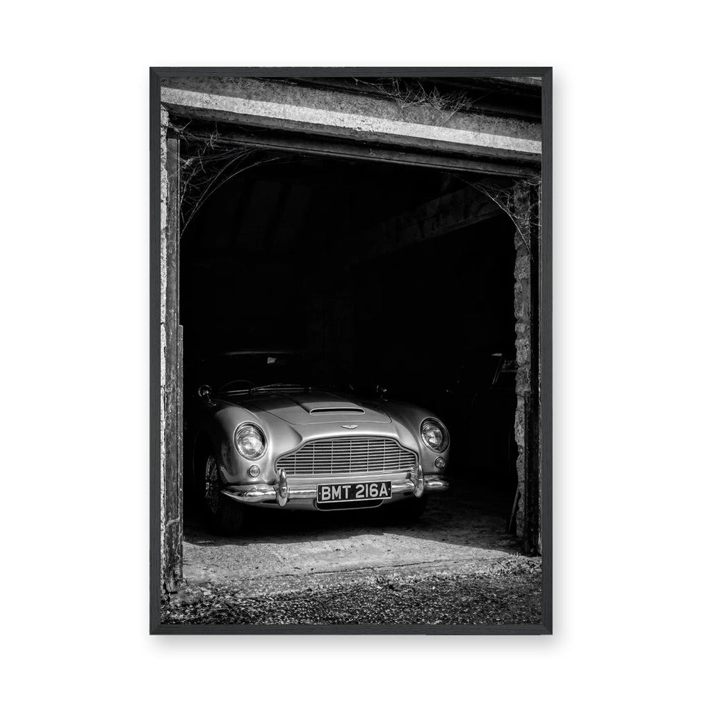 Aston Martin DB5 Vintage Wall Art – Black and White Garage Photo