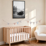Aston Martin DB5 Vintage Wall Art – Misty Black and White Lakeside