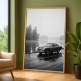 Aston Martin DB5 Vintage Wall Art – Misty Black and White Lakeside