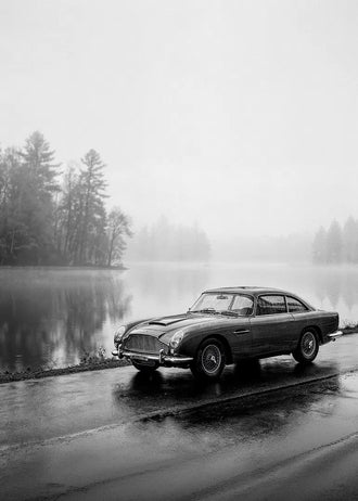 Aston Martin DB5 Vintage Wall Art – Misty Black and White Lakeside
