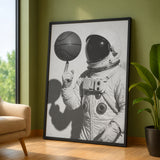 Astronaut Basketball Surreal Wall Art – Black-and-White Space Sports Print