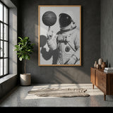 Astronaut Basketball Surreal Wall Art – Black-and-White Space Sports Print