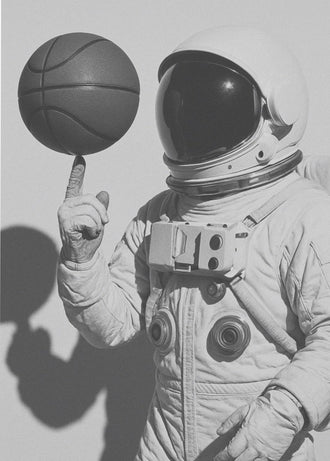 Astronaut Basketball Surreal Wall Art – Black-and-White Space Sports Print