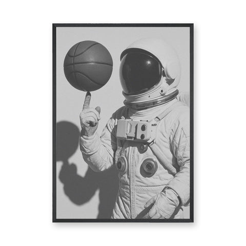 Astronaut Basketball Surreal Wall Art – Black-and-White Space Sports Print