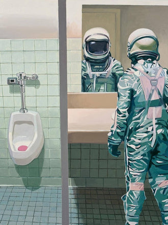Astronaut Bathroom Surreal Wall Art – Space Figure at the Mirror