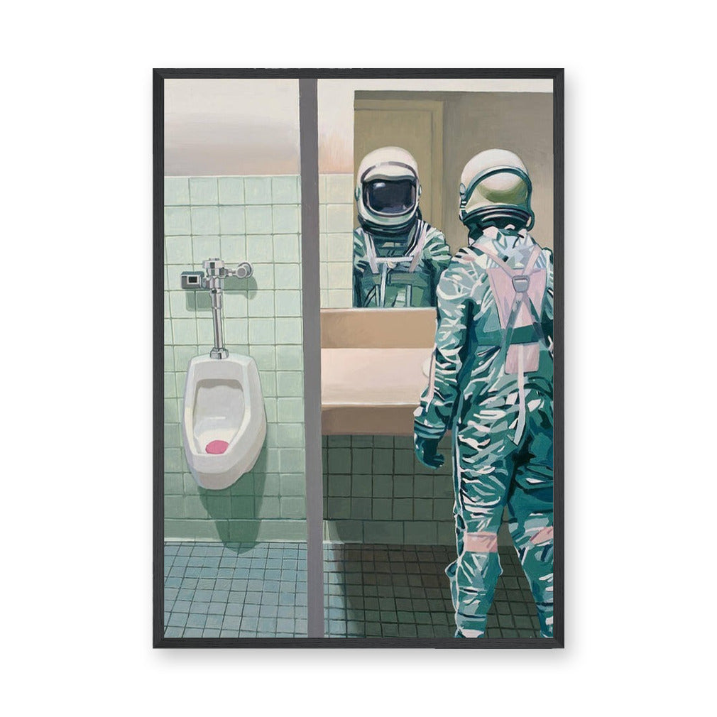 Astronaut Bathroom Surreal Wall Art – Space Figure at the Mirror