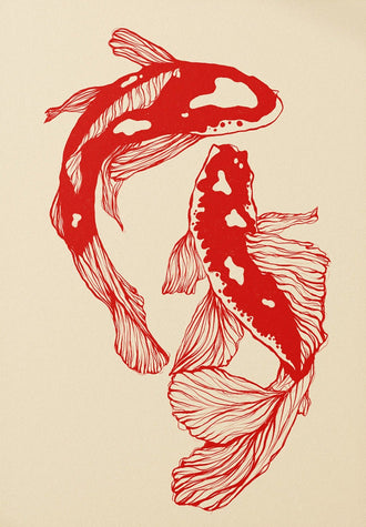 Red Koi Fish Japanese Artwork, Retro Inspired Aesthetic Wall Poster, Trendy Printable Wall Poster Decor