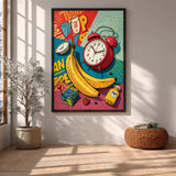 Banana Alarm Clock Pop Art Wall Art – Retro Still Life with Typography