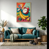 Banana Alarm Clock Pop Art Wall Art – Retro Still Life with Typography