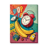 Banana Alarm Clock Pop Art Wall Art – Retro Still Life with Typography