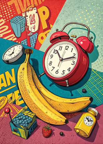 Banana Alarm Clock Pop Art Wall Art – Retro Still Life with Typography