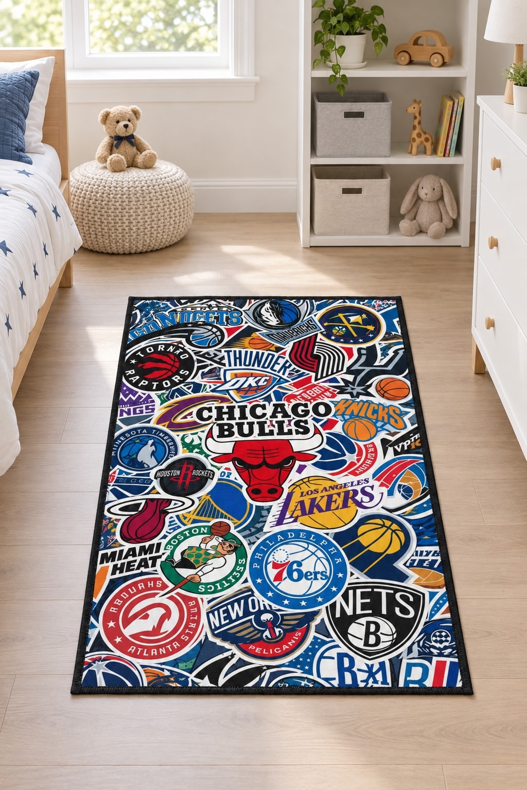 Basketball Collage Modern Kids Rug in a nursery