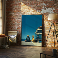 Beach Van Dog Aesthetic Wall Print Décor Poster – Relaxed Volkswagen Camper at the Shore