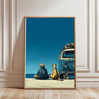 Beach Van Dog Aesthetic Wall Print Décor Poster – Relaxed Volkswagen Camper at the Shore