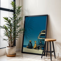 Beach Van Dog Aesthetic Wall Print Décor Poster – Relaxed Volkswagen Camper at the Shore