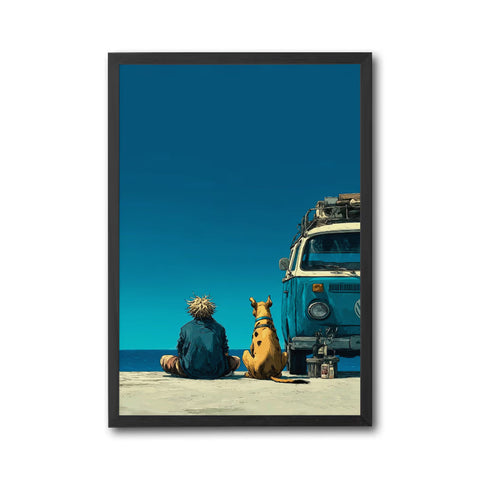 Beach Van Dog Aesthetic Wall Print Décor Poster – Relaxed Volkswagen Camper at the Shore