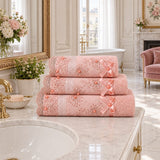 Beaded Lace Cotton Hand Towel Set of 3 – Blush in a bathroom