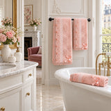 Beaded Lace Cotton Hand Towel Set of 3 – Blush in a bathroom