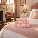 Beaded Lace Cotton Hand Towel Set of 3 – Blush in a bedroom