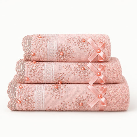 Beaded Lace Cotton Hand Towel Set of 3 – Blush
