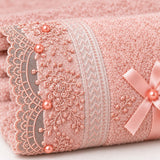 Beaded Lace Cotton Hand Towel Set of 3 – Blush – texture close-up