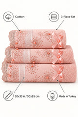Beaded Lace Cotton Hand Towel Set of 3 – Blush – features