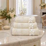 Beaded Lace Cotton Hand Towel Set of 3 – Cream in a bathroom