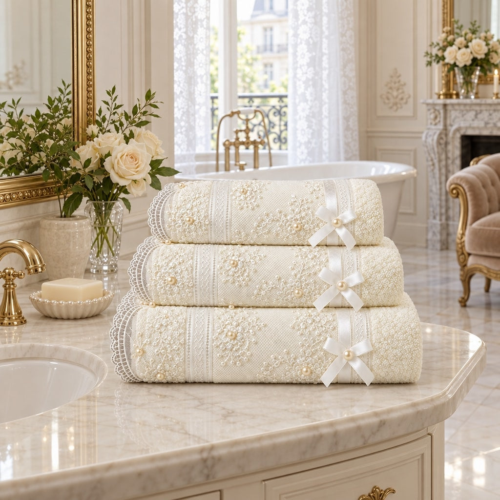 Beaded Lace Cotton Hand Towel Set of 3 – Cream in a bathroom