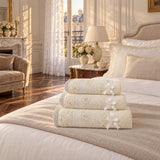 Beaded Lace Cotton Hand Towel Set of 3 – Cream in a bedroom