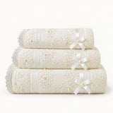 Beaded Lace Cotton Hand Towel Set of 3 – Cream