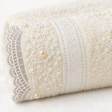 Beaded Lace Cotton Hand Towel Set of 3 – Cream – texture close-up