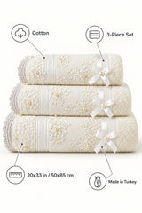Beaded Lace Cotton Hand Towel Set of 3 – Cream – features