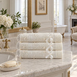 Beaded Lace Cotton Hand Towel Set of 3 – Ecru in a bathroom