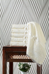 Beaded Lace Cotton Hand Towel Set of 3 – Ecru in a living space