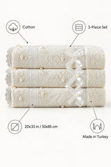 Beaded Lace Cotton Hand Towel Set of 3 – Ecru – features